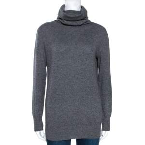 Joseph Grey Cashmere Leather Patch High Neck Tunic Sweater XS