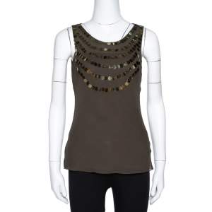 Joseph Olive Green Silk Sequin Embellished Sleeveless Top S