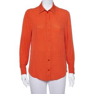 Joseph Orange Printed Silk Long Sleeve Button Front Shirt S