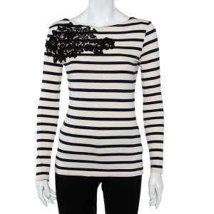 Joseph Beige & Navy Blue Striped Cotton Lace Patch Detail T-Shirt S