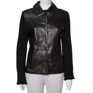Joseph Vintage Black Leather & Rib Knit Button Front Collared Jacket M