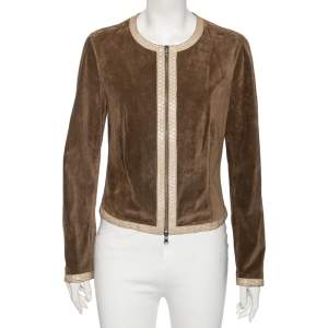 Joseph Brown Suede Contrast Trim Detail Collarless Zip Front Jacket L