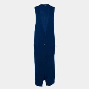 Joseph Navy Blue Textured Knit Long Sleeveless Cardigan L