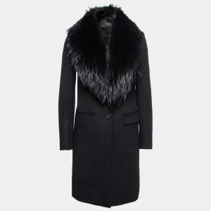 Joseph Black Wool Detachable Fur Collar Mid-Length Coat S   