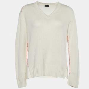 Joseph Ecru Cashmere Rib Knit V-Neck Sweater XS