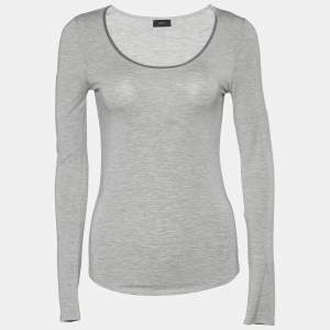 Joseph Grey Stretch Knit Velvet Trim Long Sleeve Top S 