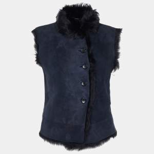 Joseph Vintage Navy Blue Leather & Fur Lined Sleeveless Jacket L