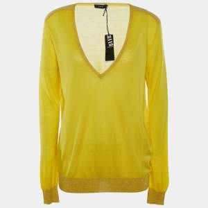 Joseph Yellow Cashmere Knit Lurex Detail V-Neck Sweater M