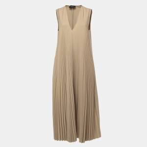 Joseph Beige Crepe Pleated V-Neck Sleeveless Dress L