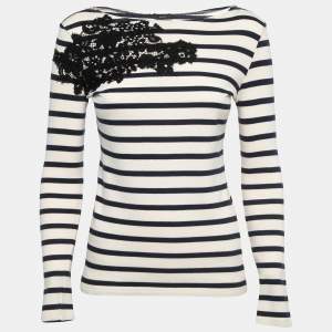 Joseph Cream/Navy Blue Striped Cotton Lace Trimmed Full Sleeve T-Shirt S