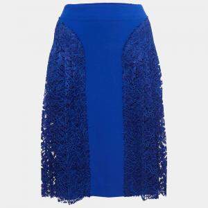 Joseph Blue Pleated Lace and Stretch Crepe Pencil Skirt M