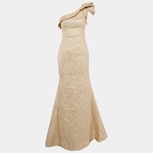 Jovani Beige Lurex Jacquard Ruffled One-Shoulder Gown S