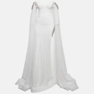 Jovani White Jersey Crystal Embellished Jersey Detachable Cape Sleeve Gown S