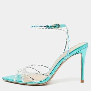 Jéssamiro Transparent/Metallic Blue Leather and PVC Crystal Embellished Ankle Wrap Sandals Size 39