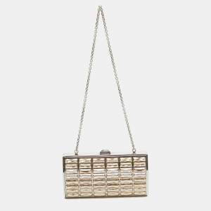 Judith Leiber Silver/Beige Satin and Metal Crystal Goddess Chain Clutch