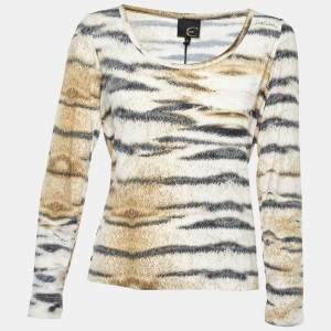 مملوكة مسبقًا Just Cavalli Beige Printed Jersey Long Sleeve T-Shirt XL