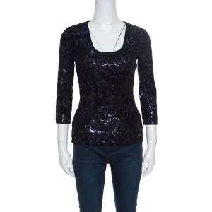 Pre Owned Just Cavalli Purple and Black Flocked Embellished Long Sleeve Top S