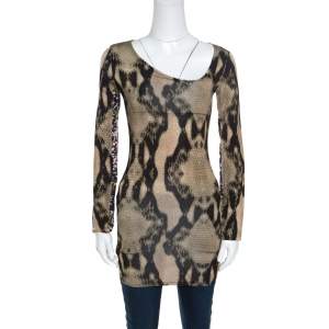 Pre Owned Just Cavalli Python Printed Knit Asymmetric Neckline Detail Long Sleeve Top S
