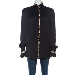Pre Owned Just Cavalli Black Satin and Leopard Pleated Trim Button Front Blouse M 