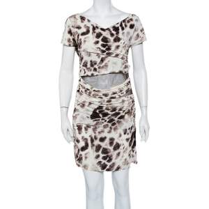 Pre Owned Just Cavalli Beige Printed Knit & Brown Mesh Paneled Ruched Mini Dress L