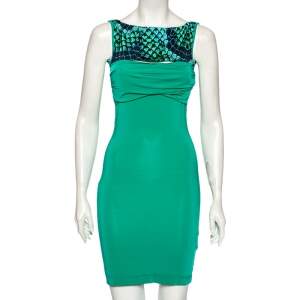 Pre Owned Just Cavalli Green Stretch Knit Snakeskin Print Cut Out Yoke Detail Sleeveless Dress S