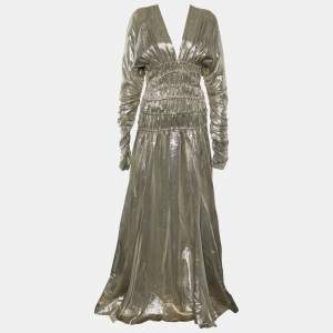 Just Cavalli Pale Gold Lamé Smocked Waist Detail Gown L