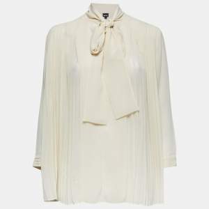 Just Cavalli Cream Chiffon Pleated Tie-Neck Blouse M
