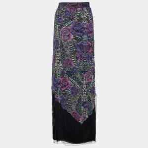 Pre Owned Just Cavalli Black Floral Printed Crepe & Tulle Paneled Maxi Skirt L