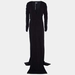 Just Cavalli Black Jersey Crystal Ruched Sleeve Gown M