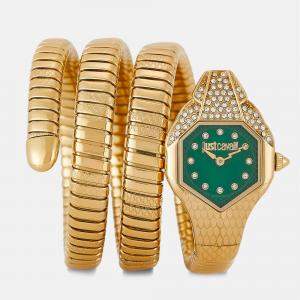 Just Cavalli Green Gold Plated Stainless Steel Crystal Embellished Signature Snake Glam Evo 7 JC1L193M0035 Women's Wristwatch 22 mm