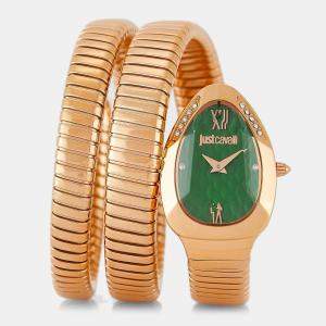 Just Cavalli Green Gold Plated Stainless Steel Crystal Embellished Signature Snake Glam Evo 9 JC1L224M0055 Women's Wristwatch 22 mm