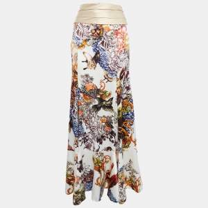 Just Cavalli Cream Floral Print Satin Flared Maxi Skirt L