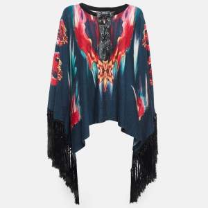 Just Cavalli Navy Blue Printed Knit Fringed Lace-Up Poncho Top M