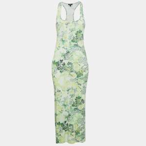Pre Owned Just Cavalli Beachwear Green Printed Jersey Sleeveless Midi Dress XS