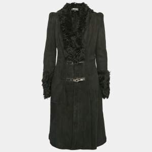 Just Cavalli Black Fur and Leather Mid-Length Coat S