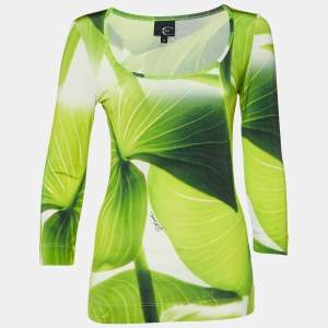 Just Cavalli Green Leaf Print Jersey Scoop Neck Top S