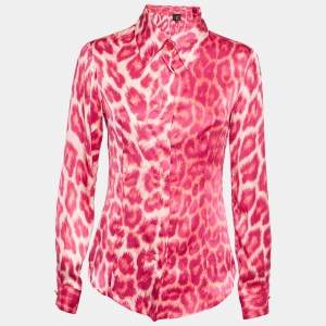 Just Cavalli Pink Leopard Print Satin Long Sleeve Shirt M