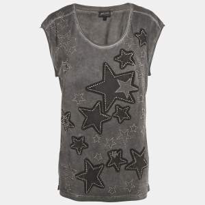 Just Cavalli Grey Star Studded Cotton Sleeveless T-Shirt L
