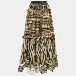 Just Cavalli Multicolor Printed Crepe Ruffled Maxi Skirt M