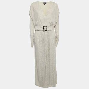 Just Cavalli Cream Glitter Embellished Jersey Belted Wrap Style Maxi Dress L