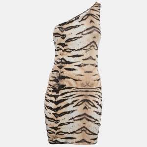 Just Cavalli Brown Tiger Print Jersey One Shoulder Bodycon Dress S