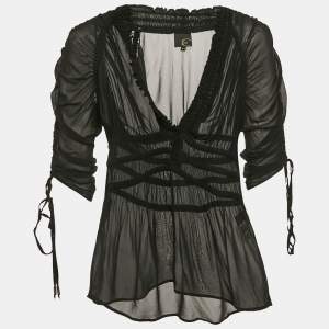Just Cavalli Black Silk Smocked V-Neck Top M