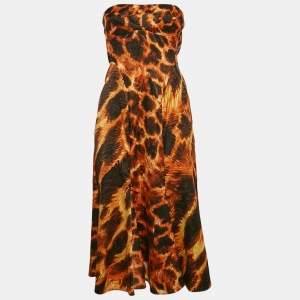 Just Cavalli Orange Printed Satin Strapless Midi Dress M