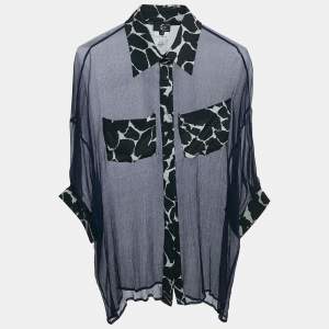 Just Cavalli Navy Blue Sheer Silk Contrast Trimmed Button Front Blouse S