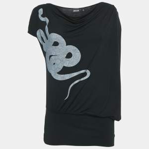 Just Cavalli Black Logo Print Modal Knit Draped Sleeveless Top M
