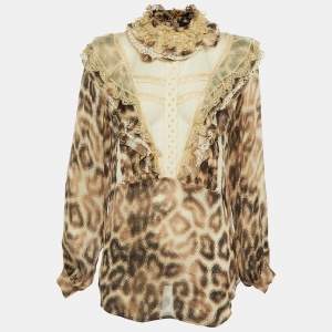 Just Cavalli Beige Animal Print Silk Lace Trim Ruffled Top S