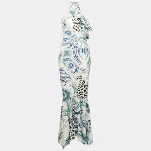 Just Cavalli White Printed Satin Asymmetric Halter Maxi Dress M