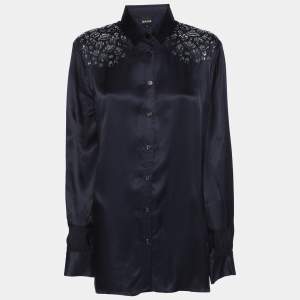 Just Cavalli Navy Blue Viscose Embellished Button Front Shirt M
