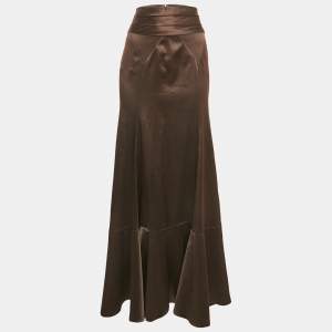 Just Cavalli Brown Stretch Satin Maxi Skirt M