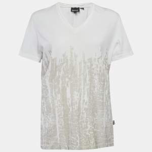 Just Cavalli Off White Printed Cotton Blend V- Neck T-Shirt M
